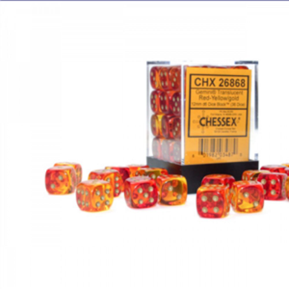 Chessex Gemini 12mm d6 Translucent Red-Yellow/gold Dice Block (36 dice)